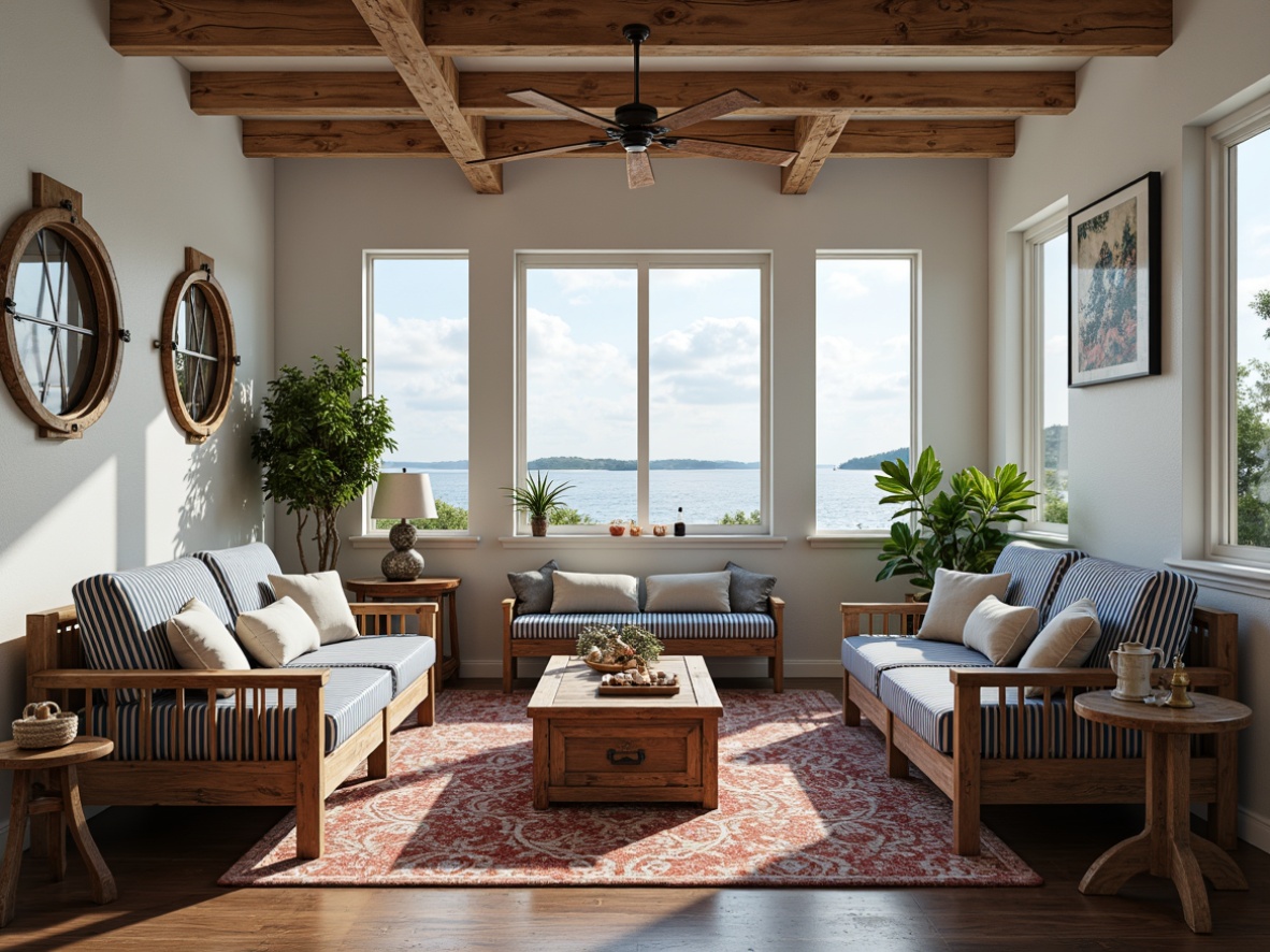 Prompt: Coastal living room, distressed wood furniture, navy blue and white stripes, coral-patterned rugs, vintage nautical instruments, porthole windows, fishing nets, seashells, driftwood decor, ocean-inspired artwork, soft warm lighting, 1/2 composition, shallow depth of field, realistic textures, ambient occlusion.