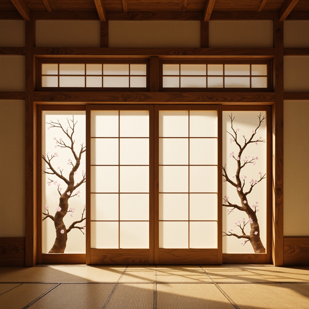 Prompt: Traditional Japanese sliding doors, natural wood grain, warm beige tones, subtle texture variations, rice paper screens, delicate cherry blossom patterns, soft diffused lighting, minimalist ornamentation, handcrafted wooden accents, woven bamboo textures, earthy terracotta hues, elegant tatami mats, serene calligraphy artworks, tranquil water feature sounds, 1/1 composition, shallow depth of field, warm color palette.