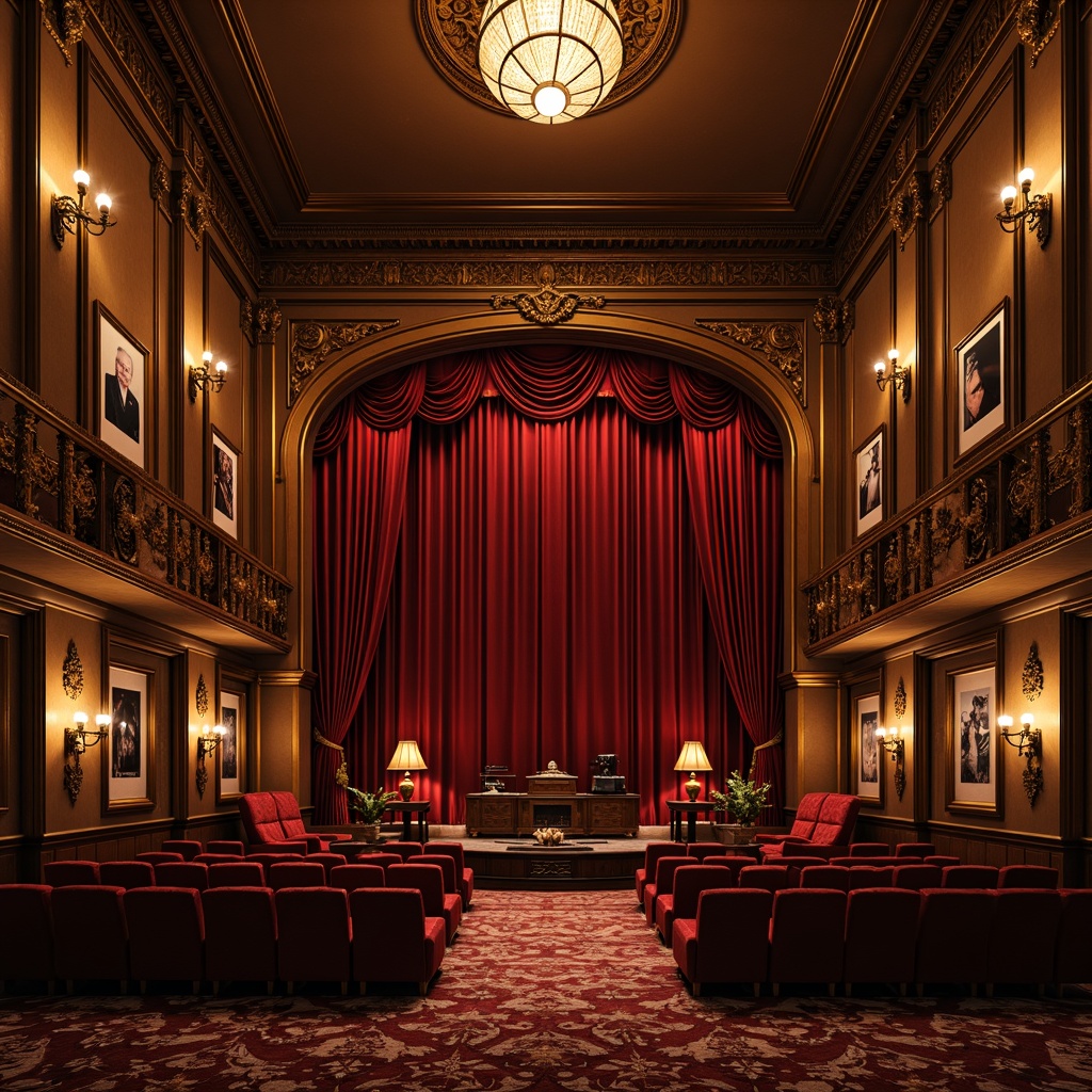 Prompt: Ornate Victorian cinema, rich red velvet curtains, gilded frames, intricate moldings, ornamental plasterwork, luxurious fabrics, regal golden accents, dimmed warm lighting, ornate chandeliers, antique furniture, vintage cinematic equipment, classic movie posters, decorative wall sconces, opulent textures, shallow depth of field, 1/1 composition, realistic rendering, ambient occlusion.