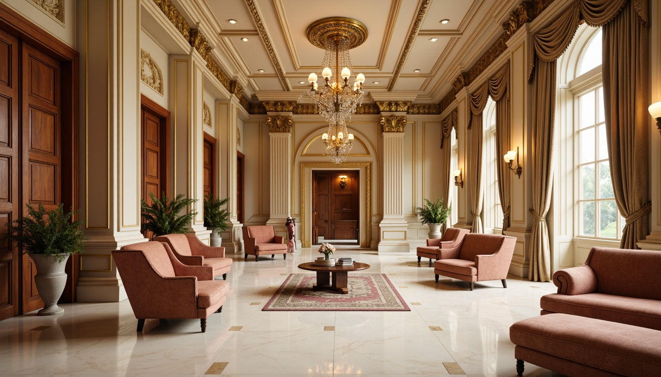 Prompt: Elegant neoclassical interior, rich wood paneling, ornate moldings, creamy white marble floors, soft golden lighting, intricate carvings, plush velvet furnishings, tufted upholstery, gilded accents, crystal chandeliers, luxurious fabrics, subtle patterned rugs, stately columns, high ceilings, grand architectural details, warm beige walls, sophisticated color palette, refined ornamental motifs, classical proportions, symmetrical composition, soft focus, atmospheric perspective.