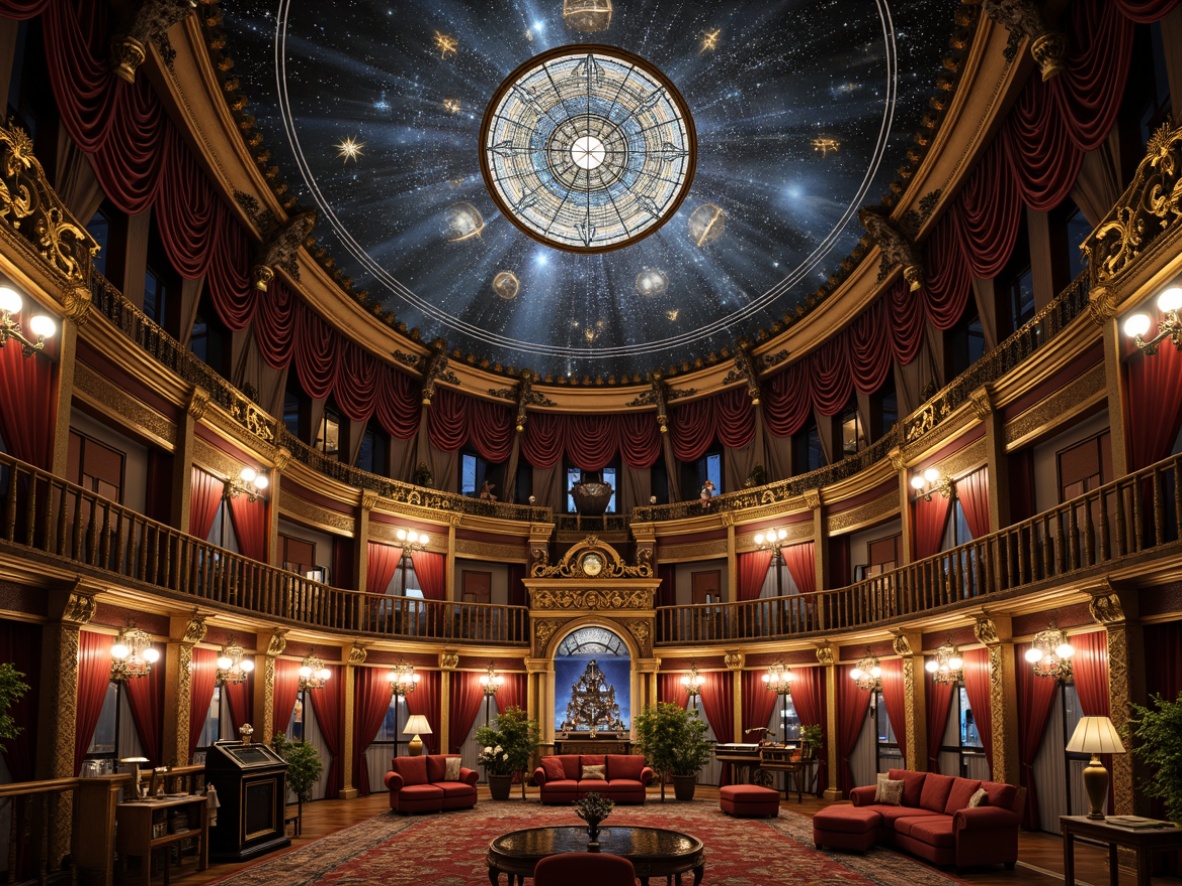 Prompt: Intricate planetarium dome, ornate Victorian details, celestial body projections, starry night sky, golden accents, lavish furnishings, velvet drapes, intricate wooden paneling, stained glass windows, grand chandeliers, majestic archways, rich tapestries, astronomical instruments, antique telescopes, vintage globes, mystical ambiance, soft warm lighting, dramatic shadows, 1/1 composition, symmetrical framing, realistic textures, subtle animations.