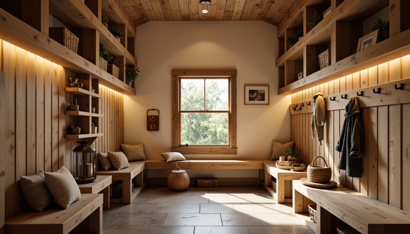 Prompt: Cozy mudroom, warm beige walls, rustic wood accents, natural stone flooring, functional built-in shelves, storage benches, woven baskets, metal hooks, decorative lanterns, soft warm lighting, layered illumination, pendant lights, recessed lighting, LED strips, under-cabinet lighting, bright overhead lighting, ambient glow, 3/4 composition, shallow depth of field, panoramic view, realistic textures.