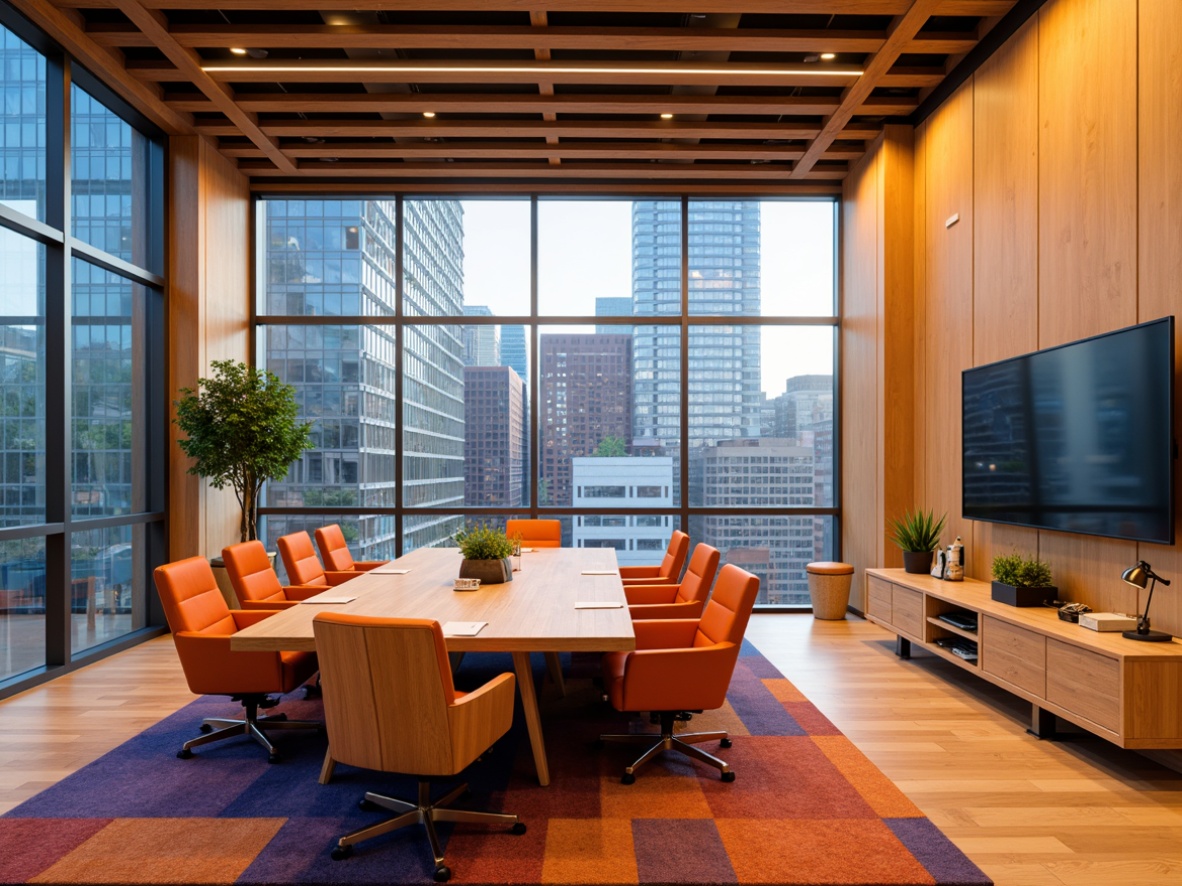 Prompt: Vibrant business conference room, modern minimalist interior design, bold corporate colors, sleek wooden furniture, high-tech audiovisual equipment, large glass windows, urban cityscape view, bright warm lighting, shallow depth of field, 1/1 composition, realistic textures, ambient occlusion, energetic orange accents, deep blue undertones, neutral beige backgrounds, metallic silver highlights.