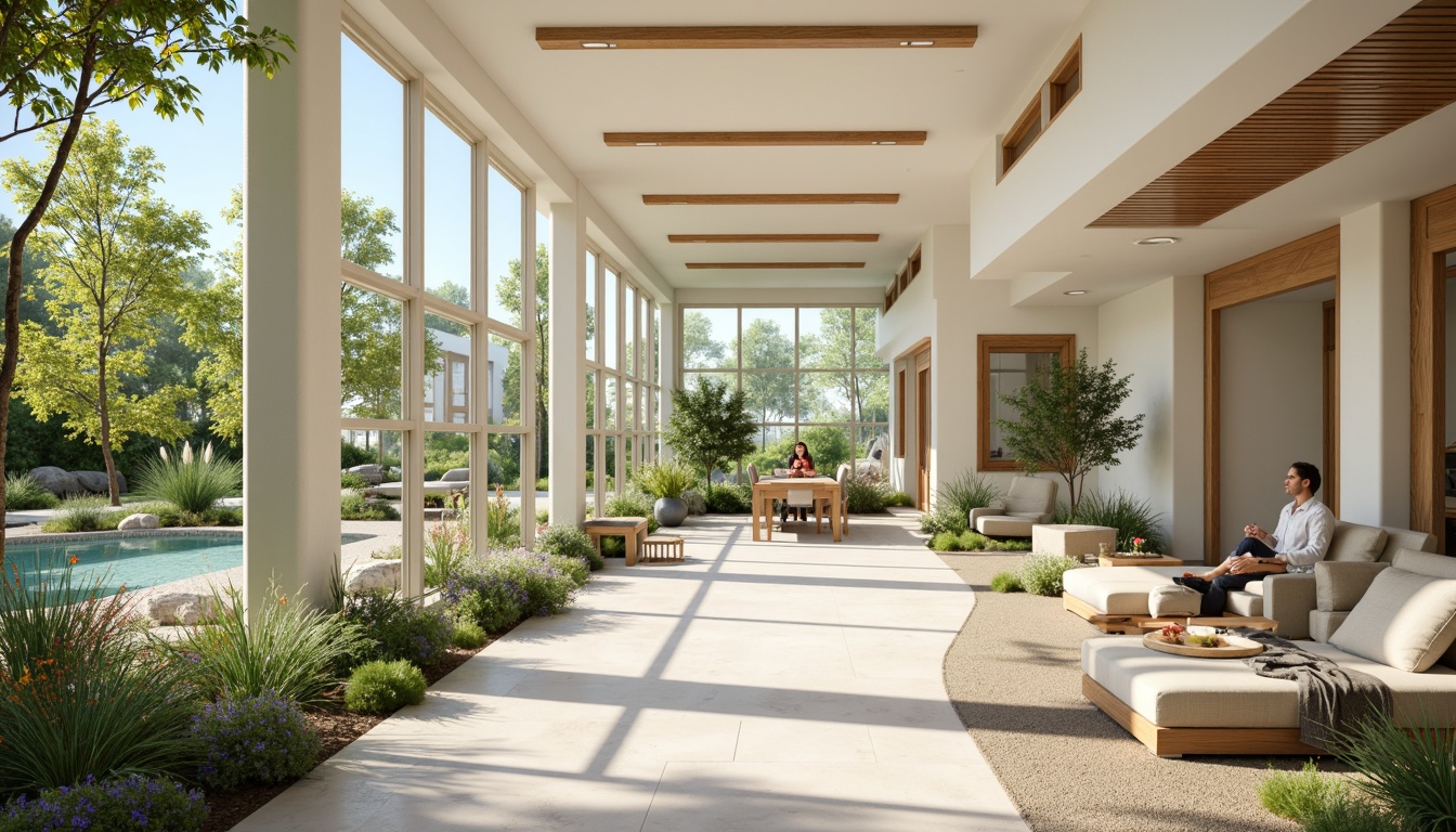 Prompt: Calming rehabilitation center, soothing color scheme, gentle pastel hues, creamy whites, warm beige tones, soft sage greens, calming blues, natural wood accents, comfortable furniture, cozy atmosphere, large windows, abundant natural light, serene outdoor spaces, lush greenery, vibrant flowers, peaceful water features, gentle lighting, shallow depth of field, 3/4 composition, realistic textures, ambient occlusion.