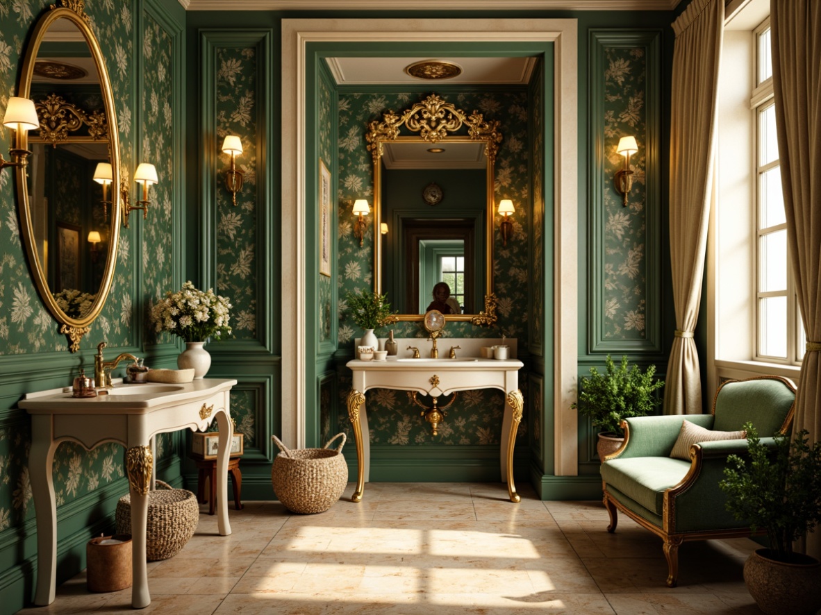 Prompt: Elegant powder room, ornate mirrors, lavish furnishings, soft golden lighting, rich jewel tones, emerald green walls, creamy white accents, intricate botanical patterns, flowing organic lines, ornamental metalwork, luxurious velvet fabrics, subtle sheen finishes, warm beige marble floors, delicate lace details, whimsical floral motifs, vintage perfume bottles, antique furniture pieces, romantic ambiance, shallow depth of field, 1/2 composition, soft focus effect.