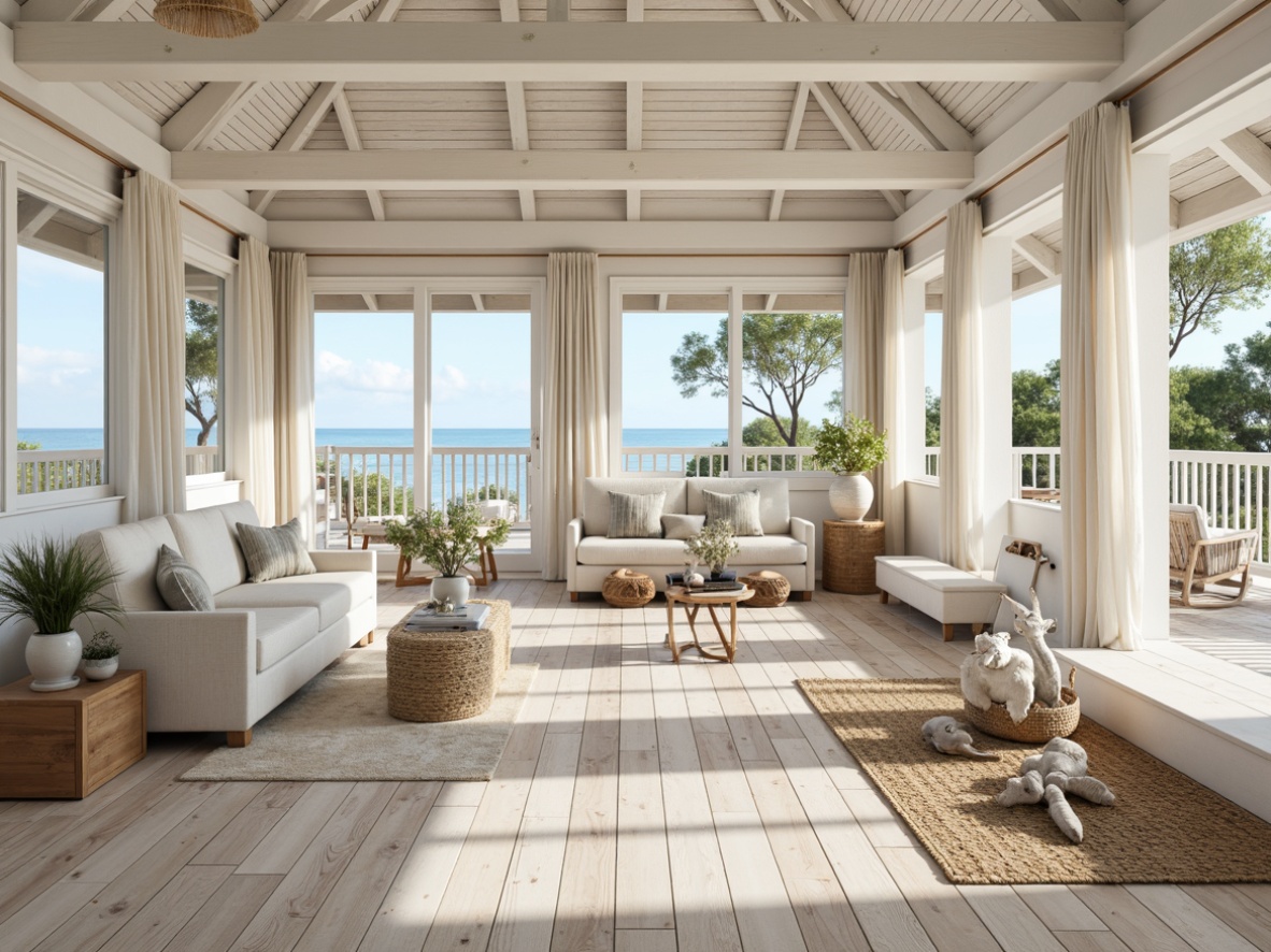 Prompt: Driftwood flooring, weathered planks, beachy textures, sandy neutrals, soft blue undertones, whitewashed wood, rustic wooden accents, sea-inspired patterns, ocean-hued ceramics, natural stone tiles, shells and pebbles inlays, woven jute rugs, nautical-themed mats, sun-bleached wood tones, coastal cottage style, airy feel, natural light pouring in, sheer curtains billowing, relaxed atmosphere, soft focus, warm beige colors.