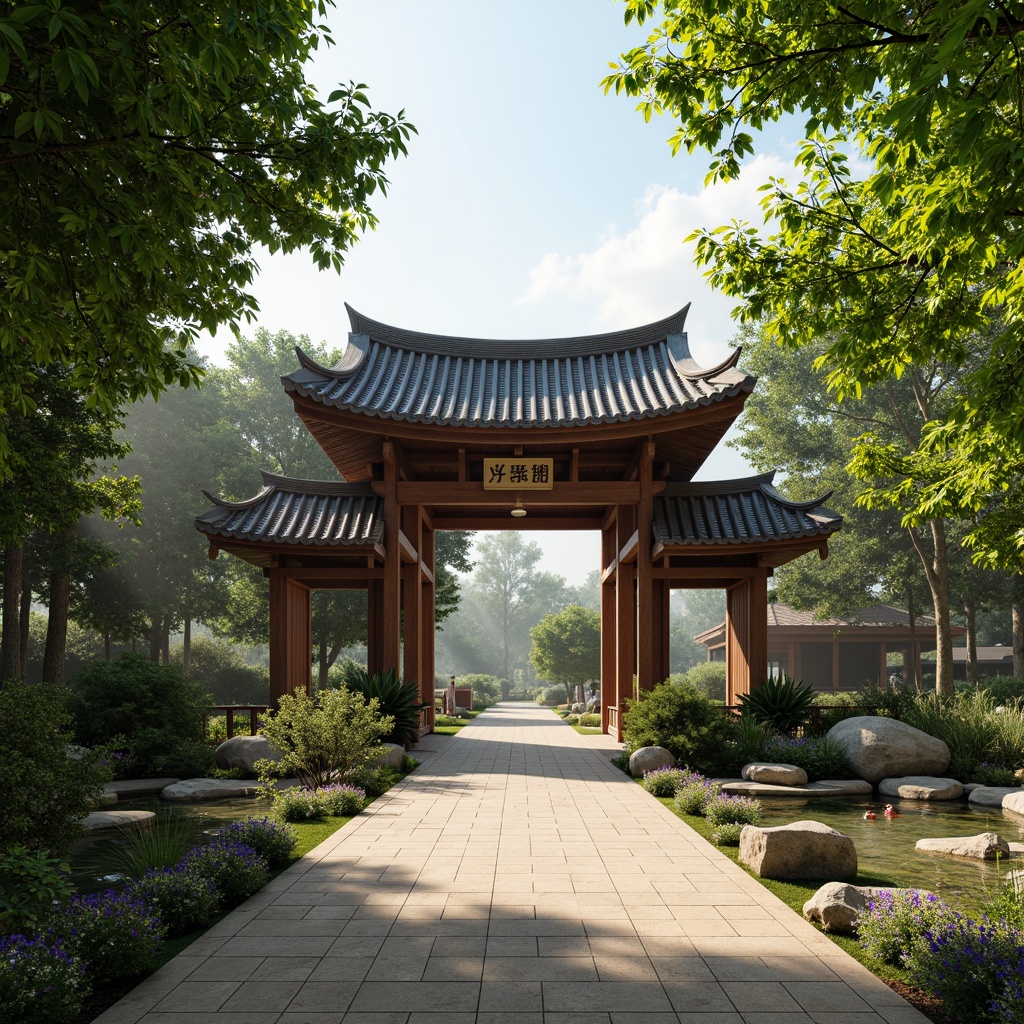 Prompt: Traditional Asian-style zoo entrance, ornate gates, pagoda-inspired architecture, natural stone walls, lush greenery, bamboo forests, serene koi ponds, wooden walkways, rustic bridges, Asian-patterned ceramic tiles, warm beige flooring, soft moss accents, tropical plants, exotic flowers, misty atmosphere, warm sunny day, shallow depth of field, 3/4 composition, panoramic view, realistic textures, ambient occlusion.