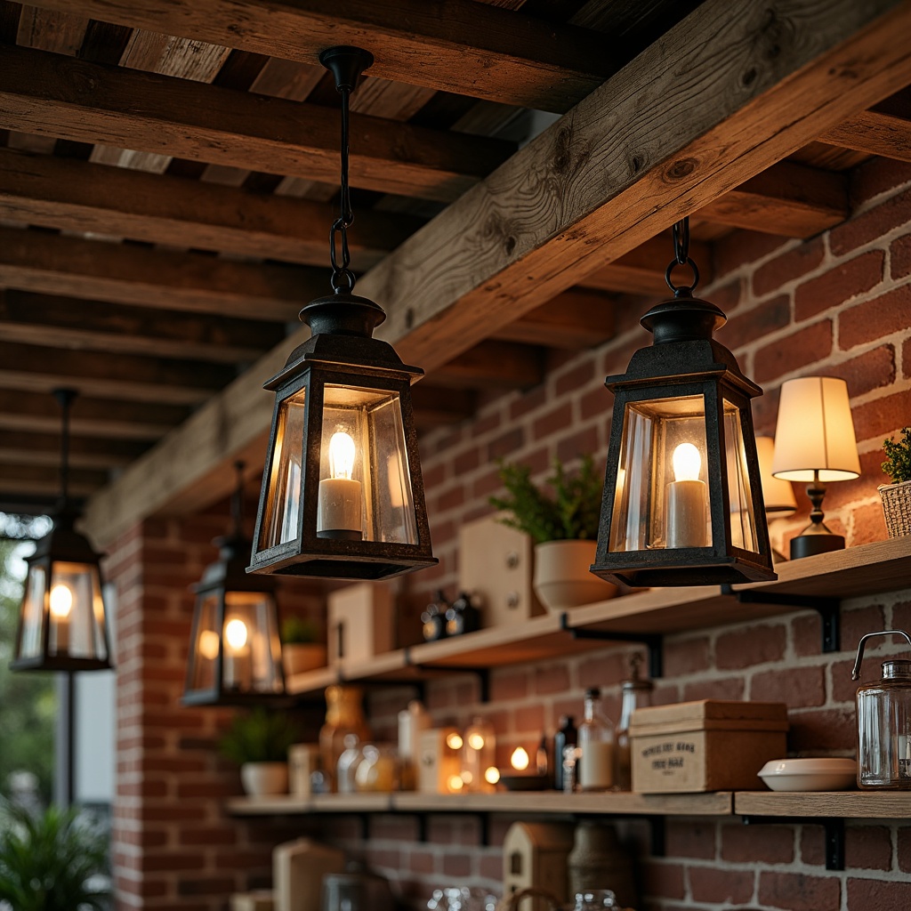 Prompt: Rustic wooden beams, vintage metal lanterns, distressed finishes, warm candlelight, soft warm glow, pendant lamps, industrial-chic sconces, reclaimed wood shelves, earthy tones, natural textiles, woven baskets, antique fixtures, matte black metalwork, exposed brick walls, wooden accents, cozy cabin-like atmosphere, afternoon sunlight, low-key ambient lighting, 1/1 composition, shallow depth of field, realistic textures, soft shadows.