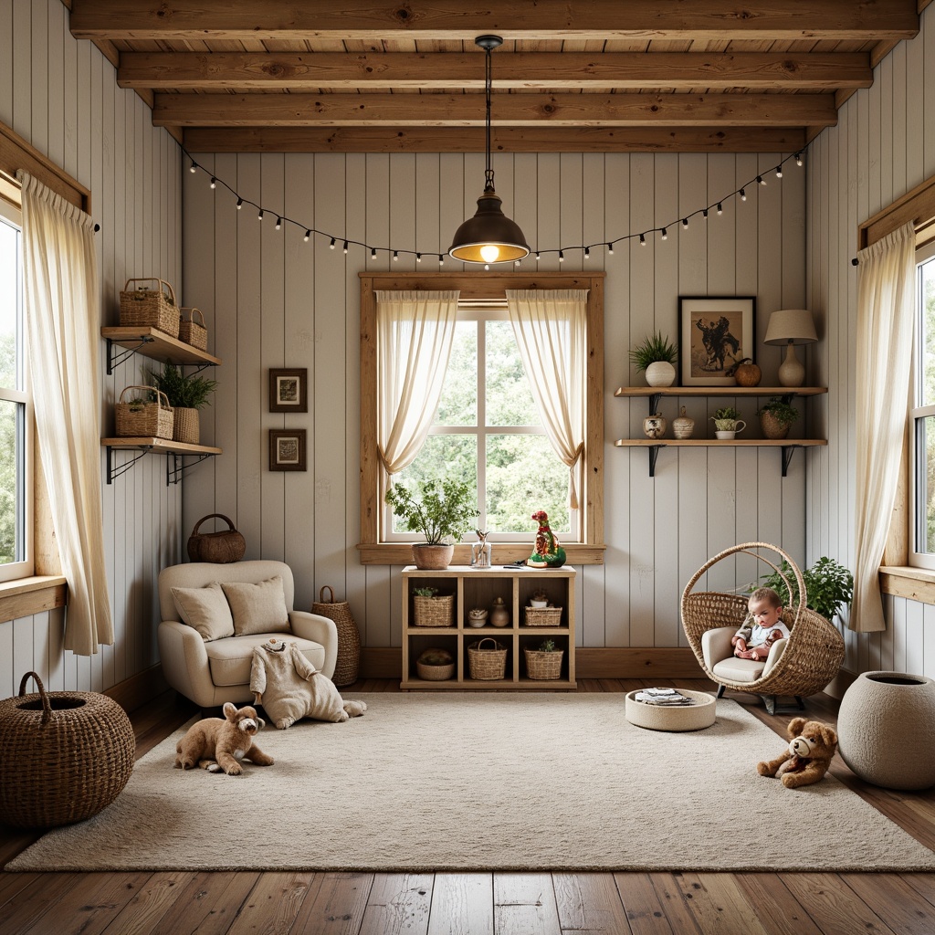 Prompt: Whimsical kids' room, Vernacular style, wooden plank walls, rustic distressed finishes, earthy color palette, natural textures, woven baskets, vintage toys, cozy reading nooks, plush area rugs, soft warm lighting, shallow depth of field, 1/1 composition, intimate atmosphere, creamy whites, weathered wood accents, nature-inspired patterns, playful illustrations.