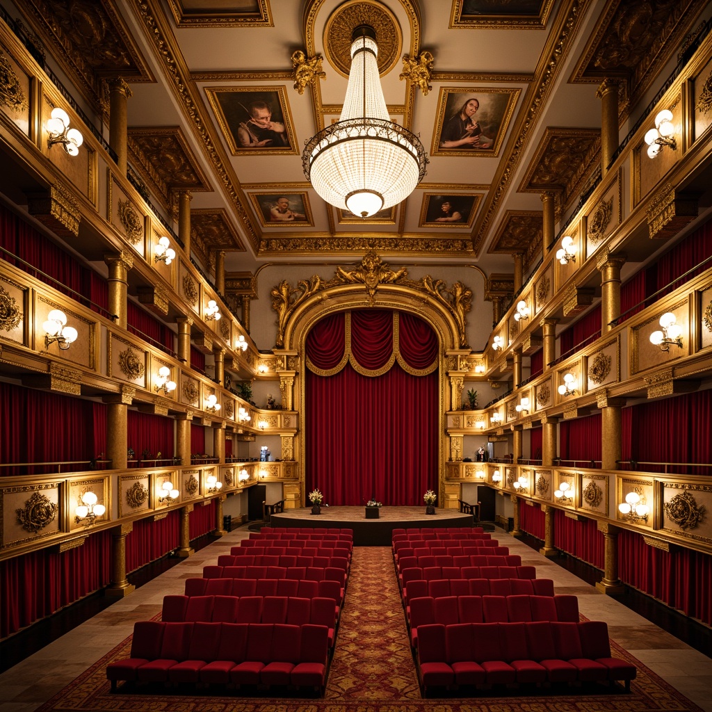 Prompt: Grand opera house interior, ornate chandeliers, intricately carved wooden paneling, gilded moldings, crystal sconces, velvet curtains, red plush seats, golden balconies, grand staircases, marble floors, frescoed ceilings, ornamental columns, sculptural details, neoclassical arches, opulent fabrics, lavish patterns, dramatic lighting, warm color palette, 1/2 composition, shallow depth of field, high contrast ratio.