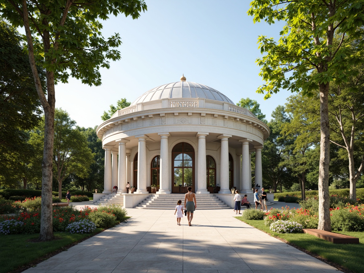 Prompt: Elegant pavilion, classicism style, white marble columns, ornate carvings, grand domes, symmetrical facades, lush greenery surroundings, vibrant flowers, natural stone walkways, wrought iron railings, wooden benches, traditional lanterns, warm soft lighting, shallow depth of field, 3/4 composition, panoramic view, realistic textures, ambient occlusion.