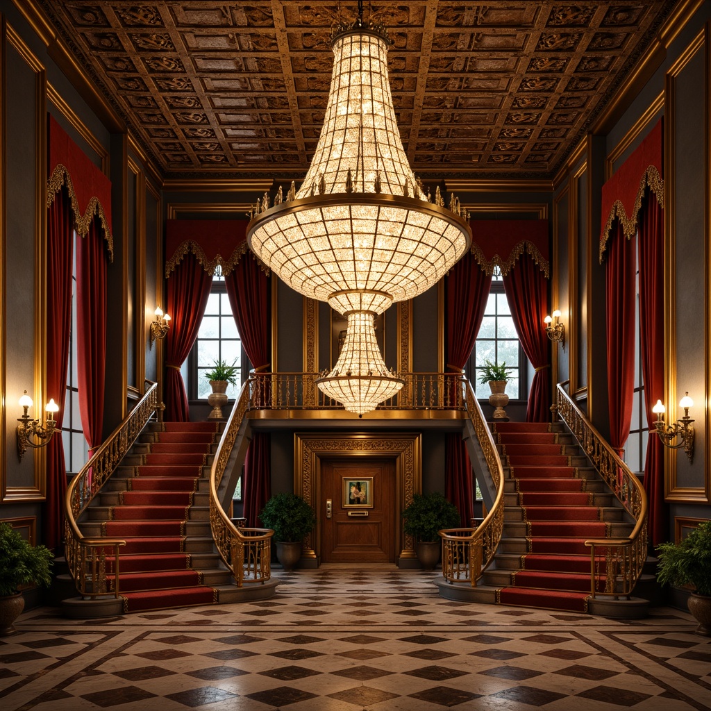 Prompt: Luxurious chandeliers, ornate metalwork, geometric patterns, lavish crystals, opulent sconces, metallic finishes, rich jewel tones, luxurious fabrics, velvet drapes, intricate moldings, grandiose staircases, high-ceilinged rooms, symmetrical compositions, warm golden lighting, soft diffused glow, 1/1 composition, shallow depth of field, realistic textures, ambient occlusion.