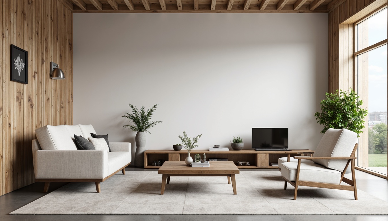 Prompt: Minimalist living room, empty space, low-profile furniture, sleek lines, monochromatic color scheme, natural materials, reclaimed wood accents, industrial metal frames, geometric shapes, functional decor, sparse greenery, ambient soft lighting, shallow depth of field, 1/1 composition, realistic textures, subtle reflections, Scandinavian-inspired design.