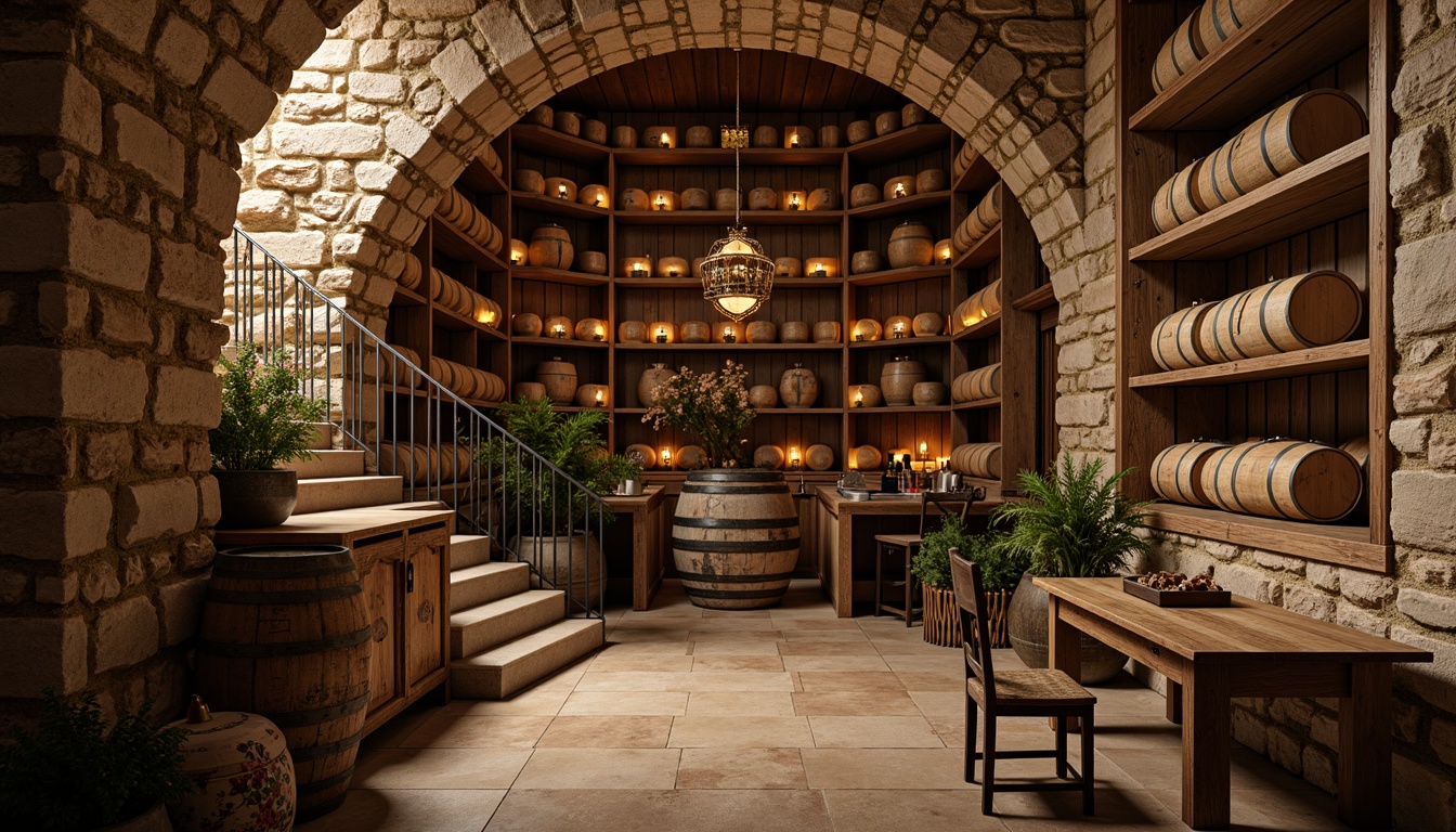 Prompt: Rustic wine cellar, distressed wood shelving, vintage wine barrels, soft candlelight, earthy stone walls, rich wood accents, ornate metalwork, curved wooden staircase, antique furniture pieces, faded floral patterns, warm beige colors, cozy intimate atmosphere, dimmed lighting, 1/1 composition, shallow depth of field, realistic textures, ambient occlusion.