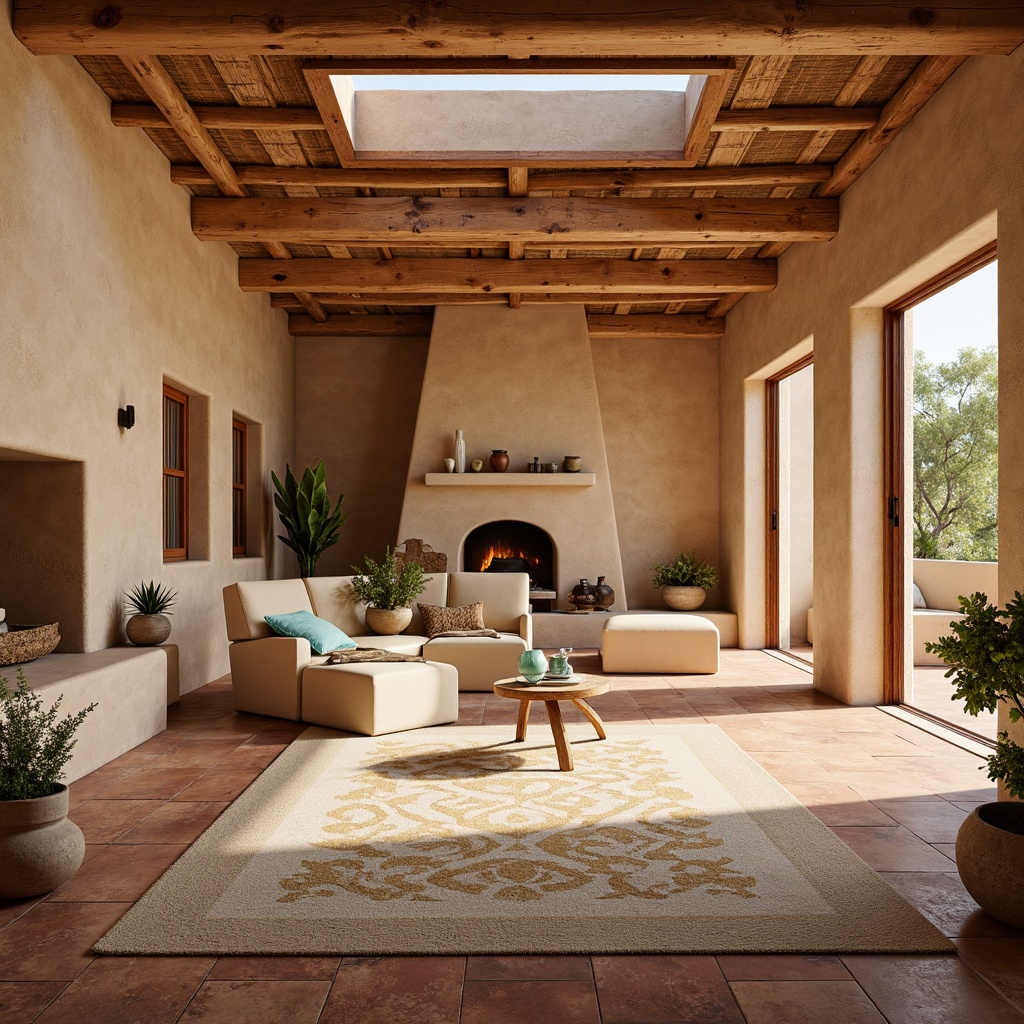 Prompt: Vibrant adobe architecture, warm beige stucco walls, rustic wooden beams, earthy terracotta flooring, soft natural light, clerestory windows, sliding glass doors, cozy fireplaces, woven textiles, geometric patterned rugs, desert botanicals, sandy neutrals, turquoise accents, organic shapes, minimalist decor, ambient shadows, shallow depth of field, 1/2 composition, warm color palette, inviting atmosphere.