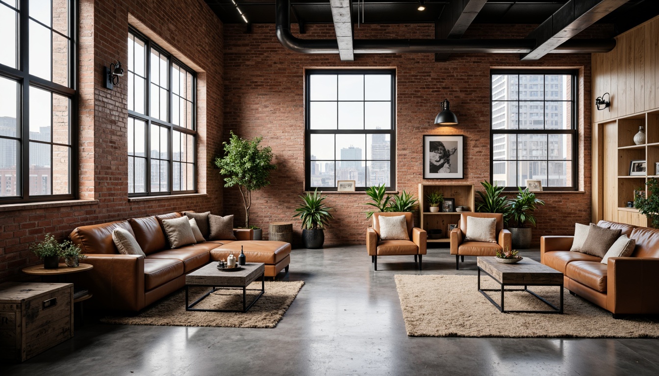 Prompt: Exposed brick walls, metal beams, reclaimed wood accents, distressed leather sofas, vintage industrial lighting fixtures, steel coffee tables, concrete floors, minimalist decor, urban loft atmosphere, neutral color palette, functional storage units, metal frame chairs, Edison bulb pendant lights, worn wooden crates, industrial-style rugs, exposed ductwork, cityscape views, natural light pouring in, high ceilings, open floor plans, modern industrial chic.