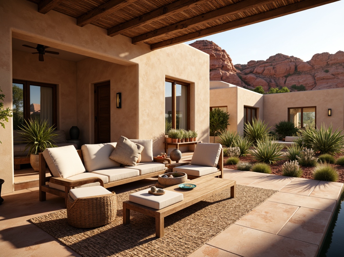 Prompt: Earthy adobe buildings, rustic wooden accents, woven wicker furniture, natural fiber rugs, turquoise stone decorative elements, reclaimed wood beams, earthy color palette, desert botanicals, cacti plants, vibrant red rock formations, warm sunny day, soft golden lighting, shallow depth of field, 3/4 composition, panoramic view, realistic textures, ambient occlusion.