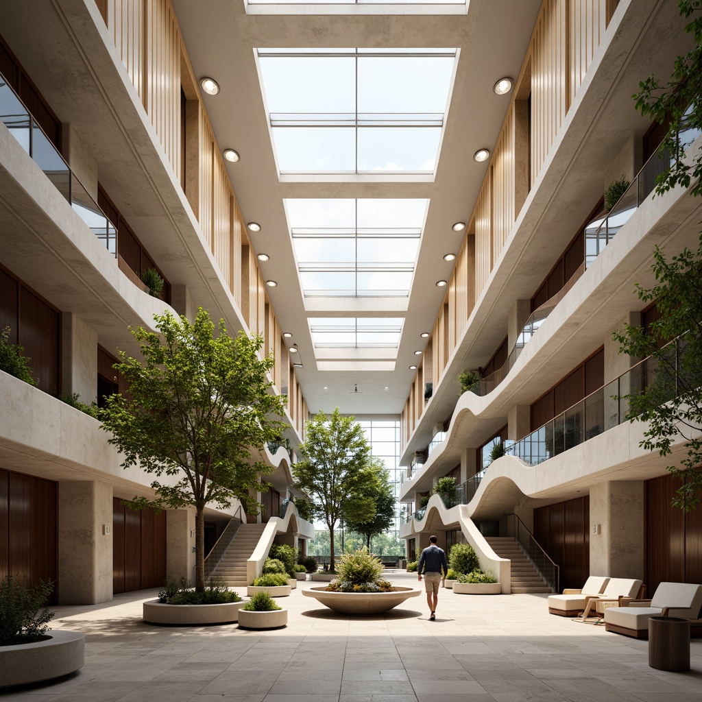 Prompt: Grand courthouse interior, high ceilings, clerestory windows, skylights, natural stone floors, wood accents, minimalist decor, open atriums, curved staircases, transparent glass railings, abundant greenery, lush plants, soft warm lighting, shallow depth of field, 1/1 composition, realistic textures, ambient occlusion, subtle color palette, elegant furnishings, comfortable seating areas.