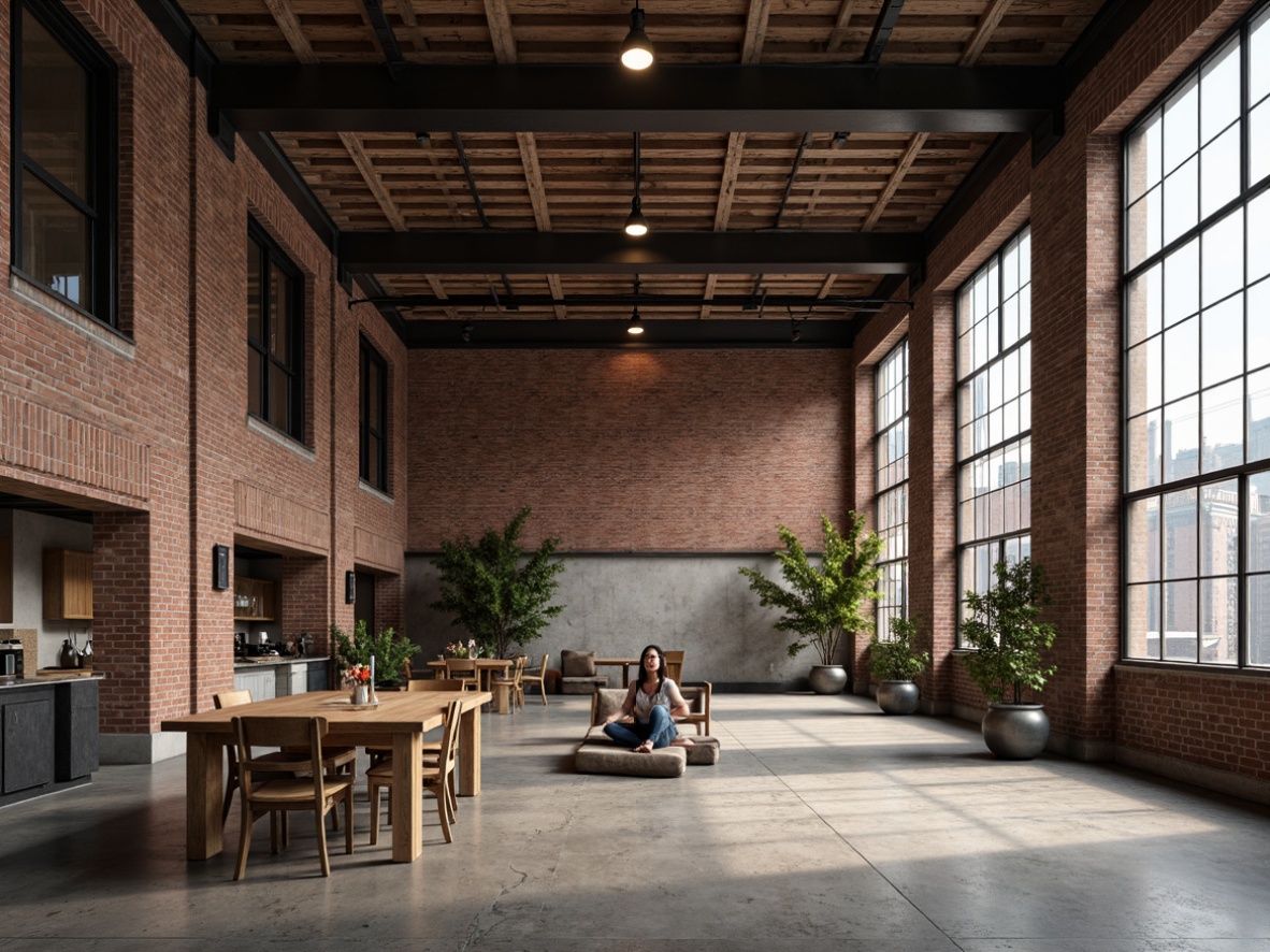 Prompt: Rustic warehouse, exposed brick walls, metal beams, reclaimed wood accents, industrial-style lighting fixtures, distressed concrete floors, urban cityscape, old factory backdrop, converted loft space, modern minimalist decor, functional raw edges, neutral color palette, natural textures, dramatic high ceilings, large metal windows, gritty urban atmosphere, soft warm lighting, shallow depth of field, 1/2 composition, realistic metallic reflections.