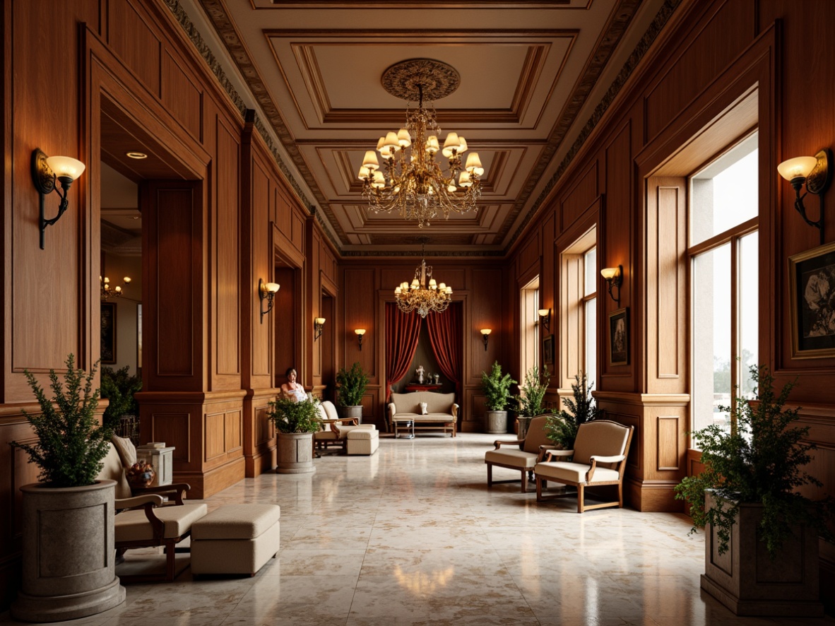 Prompt: Rich wood paneling, ornate molding, elegant archways, refined plaster ceilings, sophisticated chandeliers, majestic stone columns, luxurious velvet drapes, refined wooden furniture, polished marble floors, warm golden lighting, dramatic high ceilings, classical architectural details, subtle texture variations, realistic material reflections, 1/2 composition, atmospheric perspective.