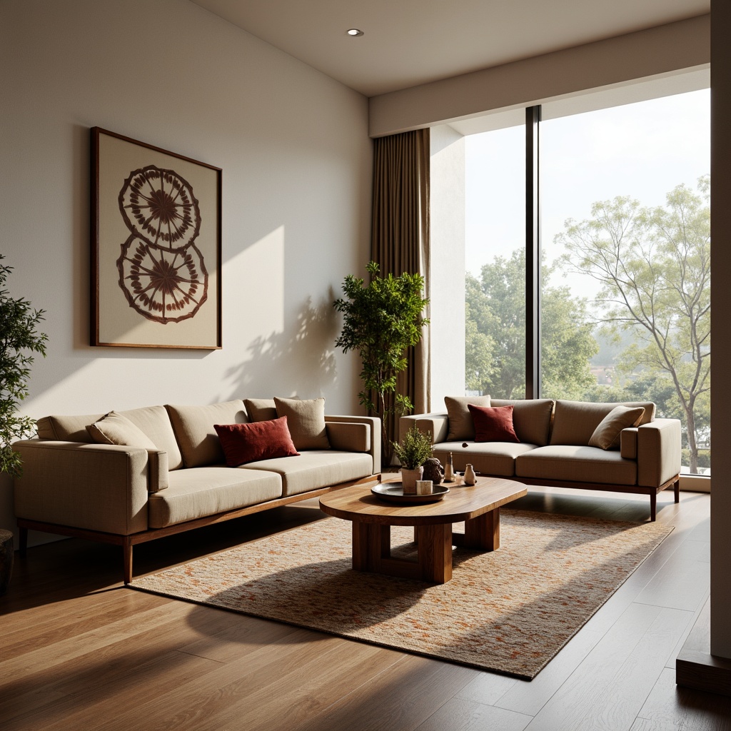 Prompt: Mid-century modern living room, sleek low-profile sofas, velvet upholstery, walnut wood coffee tables, geometric-patterned rugs, minimalist decor, floor-to-ceiling windows, natural light, soft warm ambiance, 1/1 composition, shallow depth of field, realistic textures, ambient occlusion.