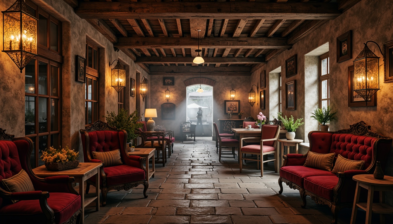 Prompt: Rustic marketplace atmosphere, distressed wooden beams, vintage metal lanterns, ornate stone walls, warm earthy tones, rich velvet fabrics, antique furniture pieces, intricately carved wooden accents, luxurious tufted upholstery, grand chandeliers, soft candlelight, atmospheric fog, shallow depth of field, 1/2 composition, realistic textures, ambient occlusion.