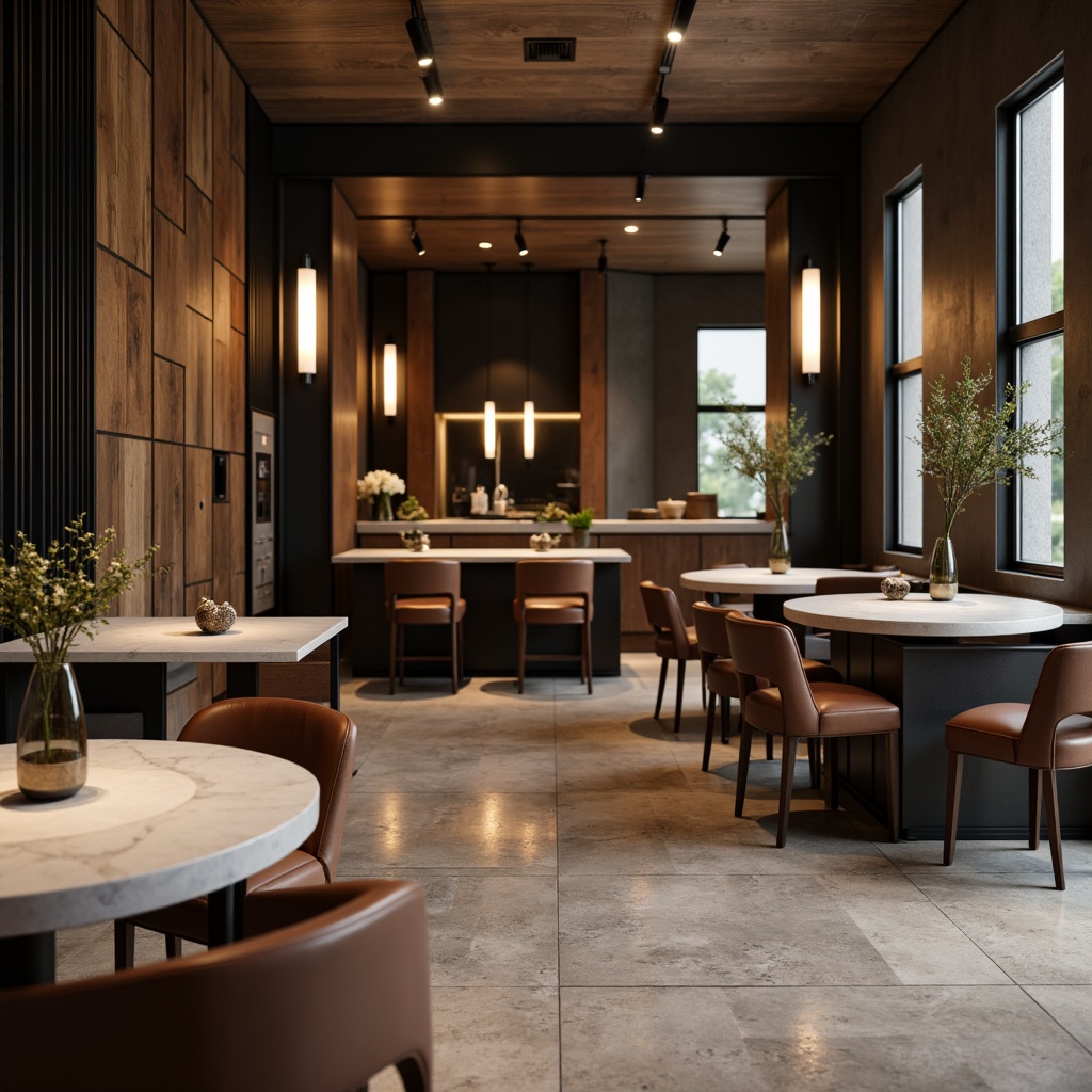 Prompt: Luxurious interior space, polished marble countertops, matte black metal frames, reclaimed wood accent walls, soft velvet upholstery, satin nickel hardware, rich leather textures, ambient LED lighting, 3/4 composition, shallow depth of field, warm neutral color palette, elegant minimalist decor.