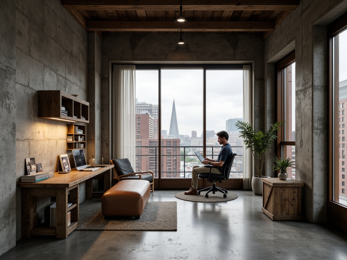 Prompt: Rough-hewn concrete walls, industrial metal beams, raw wood accents, brutalist architectural style, modern minimalist decor, cozy reading nook, ergonomic office chair, reclaimed wooden desk, rustic metal lighting fixtures, urban cityscape views, overcast daylight, moody atmospheric lighting, shallow depth of field, 1/1 composition, realistic textures, ambient occlusion.