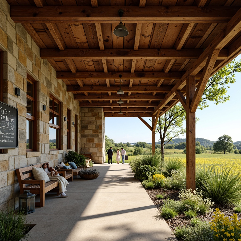 Prompt: Rustic high school farmhouse, exposed wooden beams, natural stone walls, reclaimed wood accents, earthy color palette, vintage metal lanterns, distressed wooden benches, educational signage, open-plan layout, plenty of natural light, large windows, sliding glass doors, lush greenery, wildflower fields, sunny day, warm soft lighting, shallow depth of field, 3/4 composition, panoramic view, realistic textures, ambient occlusion.