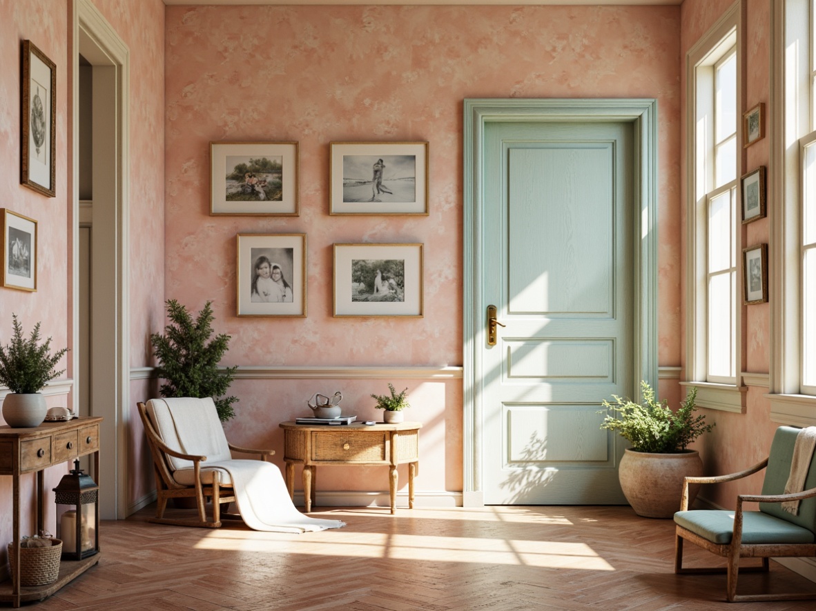 Prompt: Soft peach tones, creamy whites, warm beige hues, rich turquoise accents, gentle lavender shades, natural wood textures, earthy terracotta floors, vintage distressed finishes, ornate metal details, whimsical floral patterns, delicate lace trimmings, serene atmospheric lighting, subtle gradient transitions, 1/2 composition, intimate close-up shots, realistic fabric simulations.