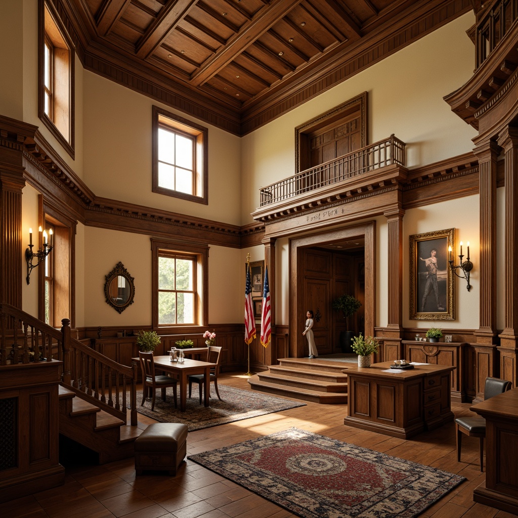 Prompt: Rustic courthouse interior, warm beige walls, rich wood accents, ornate moldings, stately columns, grand staircases, elegant chandeliers, earthy tone furnishings, leather-bound tomes, vintage legal artifacts, warm golden lighting, soft natural textures, traditional architectural details, classic American style, formal atmosphere, high ceilings, large windows, subtle color palette, muted tones, sophisticated ambiance.