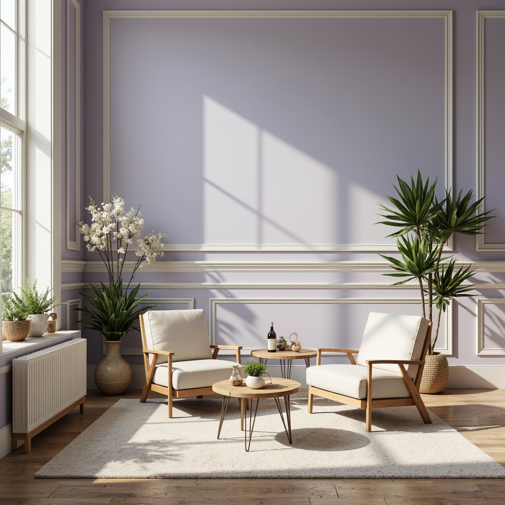 Prompt: Soft lavender blue walls, creamy white trim, natural wood accents, warm beige furniture, lush greenery, delicate flowers, elegant drapery, subtle texture overlays, gentle gradient effects, calming atmosphere, serene ambiance, warm sunny day, soft diffused lighting, shallow depth of field, 1/1 composition, realistic renderings, ambient occlusion.