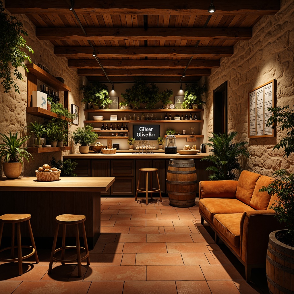 Prompt: Warm olive bar interior, rich wood accents, velvety couches, industrial metal stools, vintage wine barrels, earthy terracotta floors, lush greenery, natural stone walls, dim warm lighting, cozy atmosphere, 3/4 composition, realistic textures, ambient occlusion.