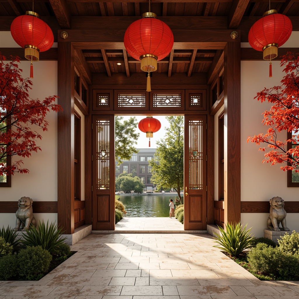 Prompt: Vibrant red lanterns, intricately carved wooden doors, ornate golden hardware, majestic stone lions, lush greenery, serene water features, natural bamboo accents, subtle cream-colored walls, warm beige flooring, delicate cherry blossom patterns, soft diffused lighting, shallow depth of field, 3/4 composition, realistic textures, ambient occlusion.