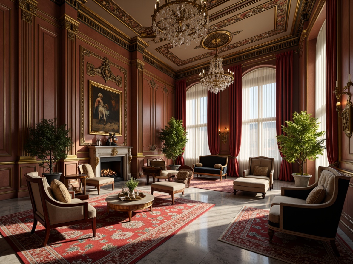 Prompt: Luxurious interior space, ornate furniture pieces, intricately carved wooden accents, plush velvet upholstery, metallic gold fixtures, crystal chandeliers, marble flooring, lavish curtains, richly patterned rugs, vibrant colorful artwork, elegant archways, sophisticated molding details, warm ambient lighting, shallow depth of field, 1/1 composition, realistic textures, ambient occlusion.