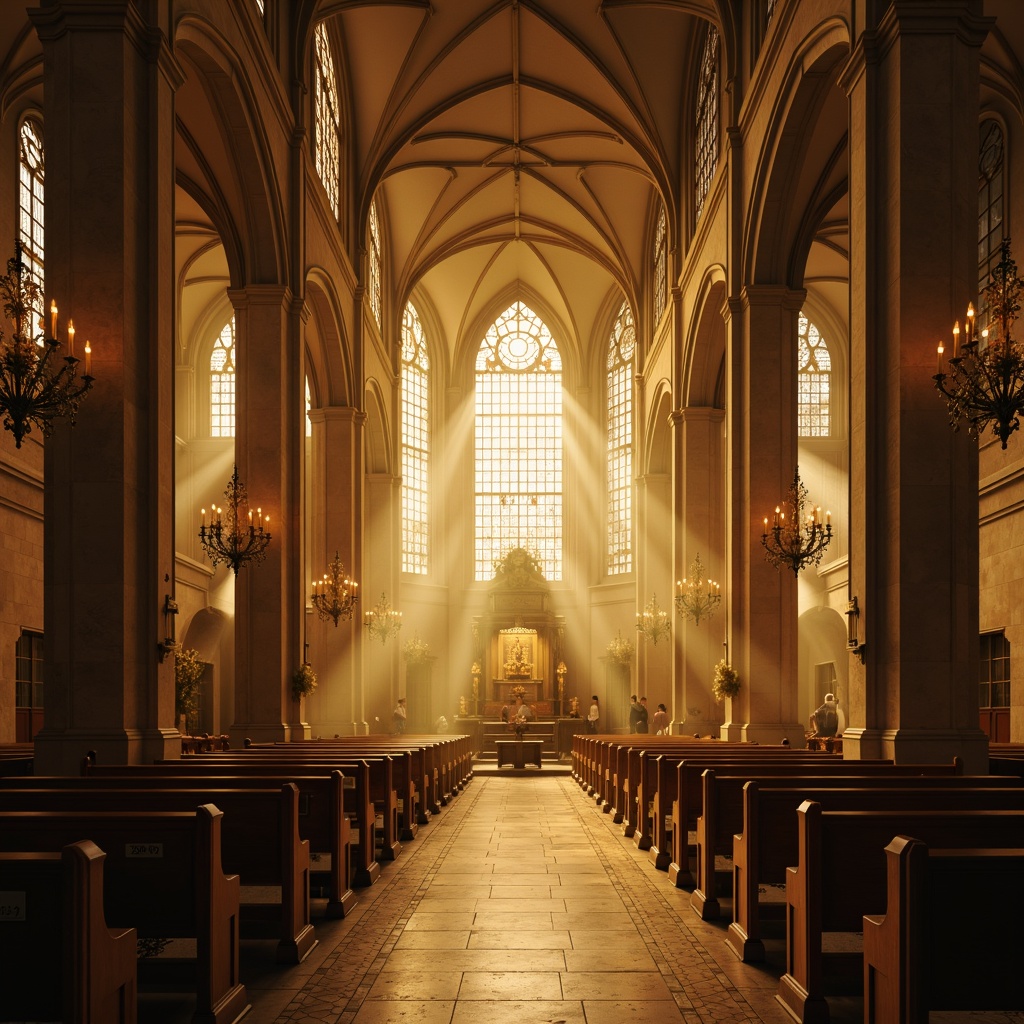 Prompt: Ethereal cathedral interior, warm golden lighting, soft diffused glow, stained glass windows, ornate chandeliers, subtle shadow accents, dramatic uplighting, sacred relics, intricate stone carvings, vaulted ceilings, mystical ambiance, gentle candlelight, atmospheric fog effects, low-key illumination, symmetrical composition, Renaissance-inspired architecture, serene heavenly atmosphere, warm beige tones, soft cream colors.