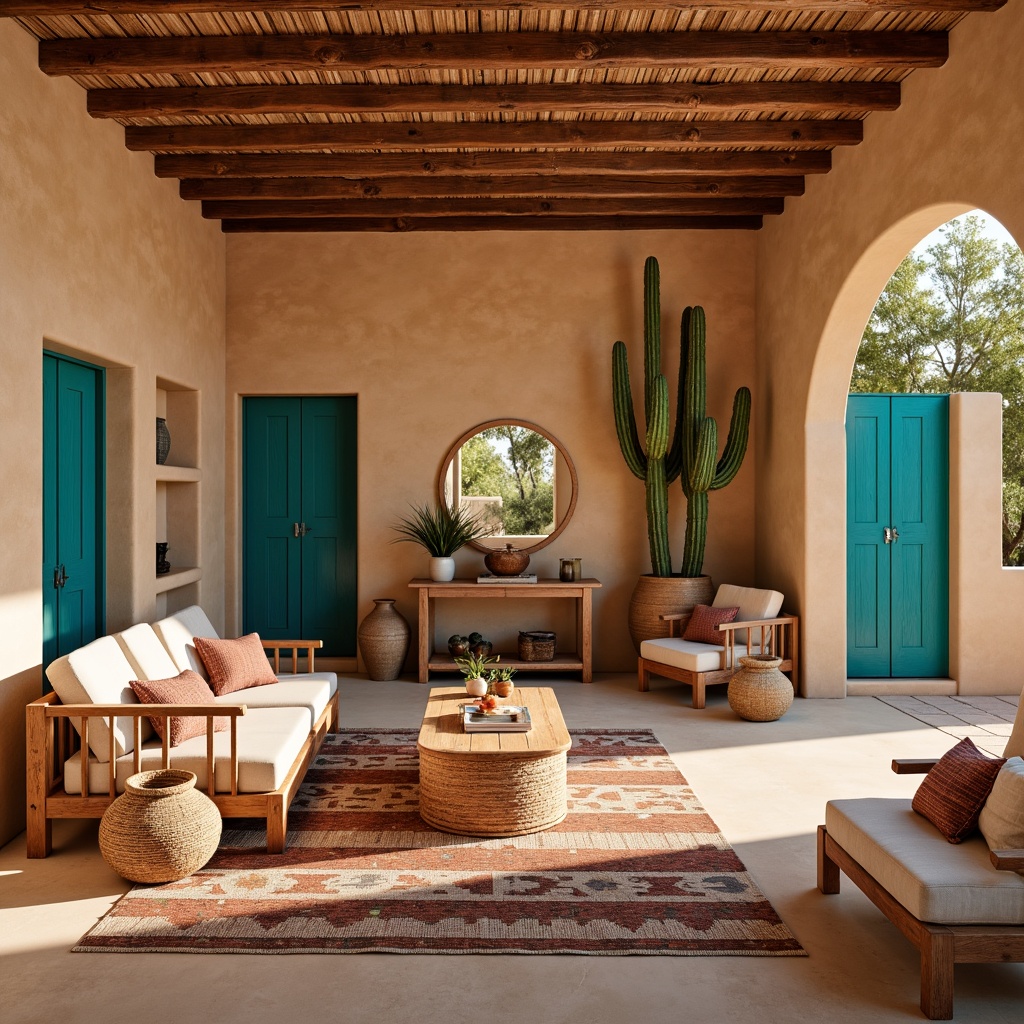 Prompt: Vibrant turquoise accents, earthy terracotta tones, warm sandy beige walls, rustic wooden furniture, woven Native American-inspired textiles, geometric patterned rugs, natural fiber baskets, clay pottery vases, cactus-inspired decor, sun-kissed adobe architecture, soft warm lighting, 3/4 composition, shallow depth of field, realistic textures, ambient occlusion.