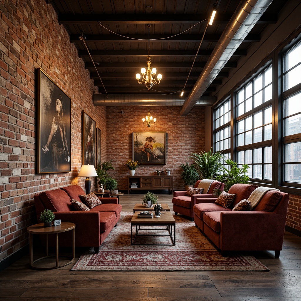 Prompt: Vintage industrial factory, exposed brick walls, metal beams, reclaimed wood floors, Art Deco patterns, geometric shapes, luxurious velvet sofas, ornate metal frames, rich leather armchairs, distressed finishes, metallic accents, Edison bulb lamps, urban loft atmosphere, warm golden lighting, shallow depth of field, 1/1 composition, realistic textures, ambient occlusion.