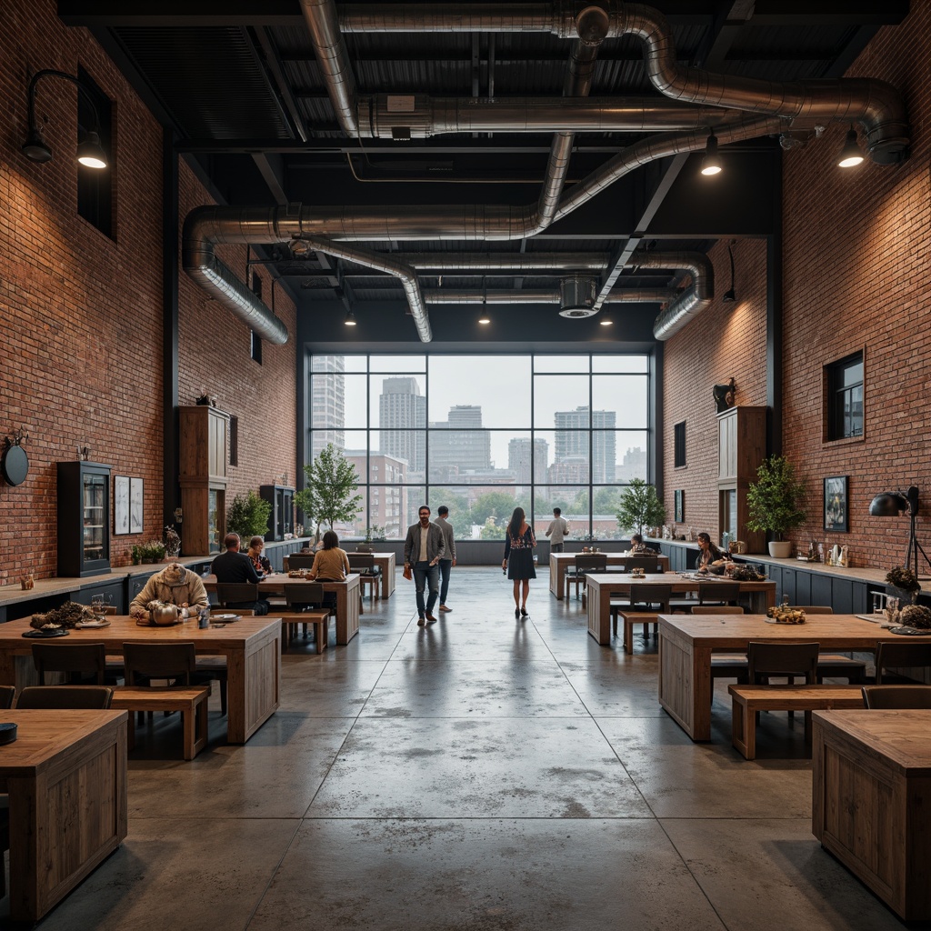 Prompt: Exposed brick walls, metal beams, industrial lighting fixtures, reclaimed wood accents, distressed concrete floors, urban cityscape views, modern factory conversions, functional pipes and ducts, minimalist decor, neutral color palette, rustic textures, overhead cranes, mechanical equipment, metallic materials, raw unfinished aesthetic, atmospheric misting, dramatic high ceilings, 3/4 composition, realistic industrial atmosphere.