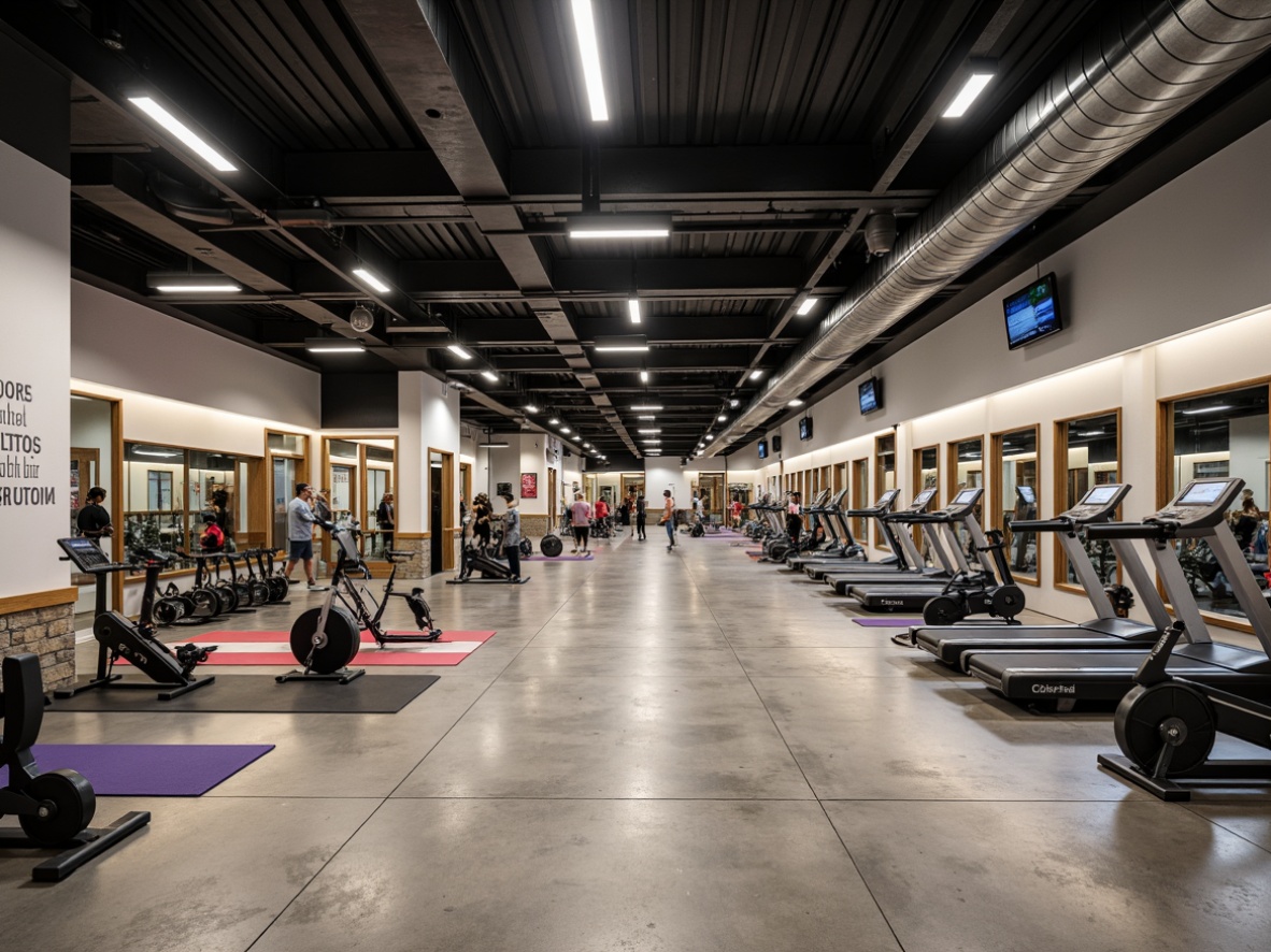 Prompt: Functional gymnasium interior, industrial chic design, metal beams, polished concrete floors, mirrored walls, professional lighting systems, athletic equipment, free weights, treadmills, exercise bikes, strength training machines, yoga mats, stretching areas, locker rooms, shower facilities, modern ventilation systems, natural stone accents, wooden trim details, urban atmosphere, high ceilings, open spaces, minimal obstacles, clear pathways, dynamic color schemes, motivational quotes, energetic ambiance, softbox lighting, shallow depth of field, 3/4 composition, realistic textures, ambient occlusion.