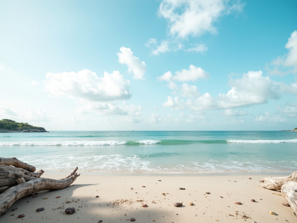 Prompt: \Calm azure waters, serene sky, soft fluffy clouds, gentle waves, sandy beach, driftwood, sea shells, tranquil atmosphere, peaceful ambiance, soothing colors, pale blue hues, creamy whites, warm beige tones, natural textures, organic shapes, subtle gradient effects, misty morning light, shallow depth of field, 1/2 composition, realistic reflections, ambient occlusion.\