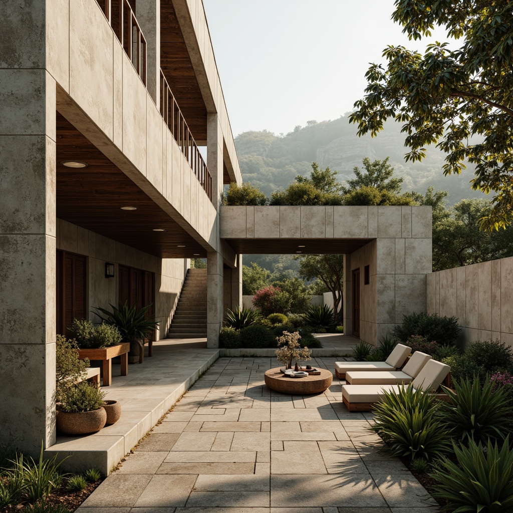 Prompt: Rugged villa, brutalist architecture, raw concrete walls, industrial metal accents, earthy tone color palette, muted beige, weathered wood, natural stone floors, minimalist decor, abundant greenery, tropical plants, warm ambient lighting, dramatic shadows, cinematic composition, high contrast ratio, bold geometric shapes, monochromatic textures.