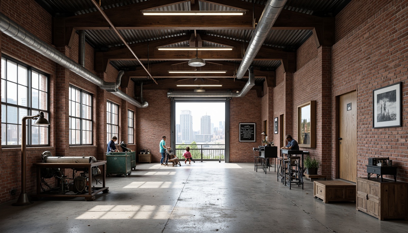 Prompt: Rustic warehouse setting, exposed brick walls, metal beams, reclaimed wood accents, industrial-style lighting fixtures, concrete floors, urban cityscape views, distressed textures, vintage manufacturing equipment, old factory machinery, metal staircases, minimalist decor, functional storage units, utilitarian aesthetic, natural ventilation systems, abundant natural light, high ceilings, open floor plans, modern industrial architecture, edgy urban atmosphere, dramatic shadowing, low-key color palette, 1-point perspective composition, realistic material rendering.