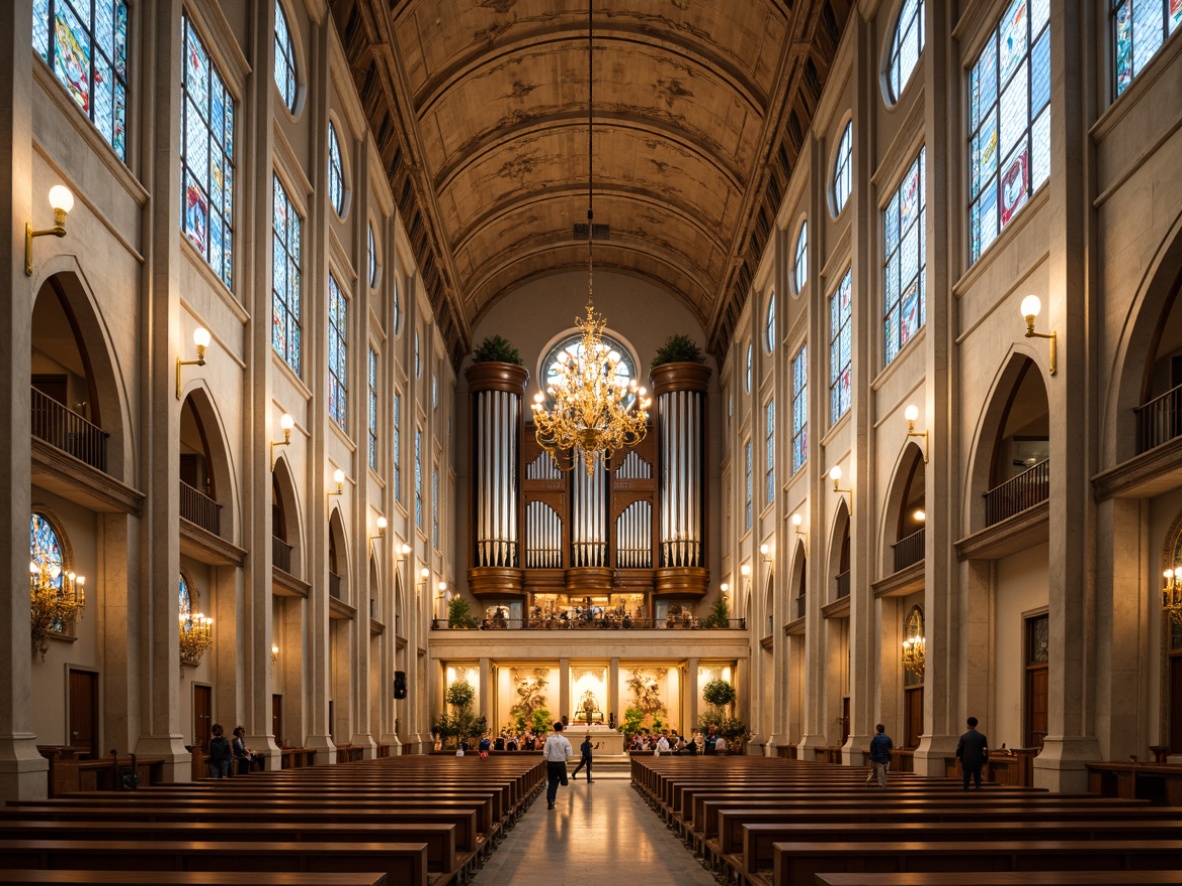 Prompt: Vaulted ceilings, stained glass windows, grandiose arches, ornate chandeliers, luminous clerestory, soft diffused light, warm beige stone walls, polished wooden pews, intricate frescoes, sacred symbols, majestic pipe organs, dramatic verticality, ethereal ambiance, serene atmosphere, subtle color palette, natural textures, rustic wooden accents, elegant lines, symmetrical composition, gentle contrast, harmonious proportions.