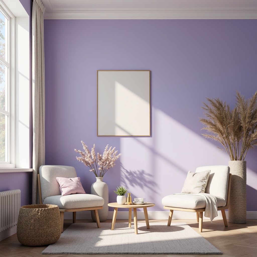 Prompt: Soft lavender hues, calming blue tones, pastel color palette, cozy interior atmosphere, plush furniture, velvety textures, natural wood accents, minimalist decor, creamy whites, warm beige, subtle patterns, delicate florals, elegant vases, softbox lighting, 1/1 composition, intimate setting, relaxed ambiance, morning sunlight, gentle shadows.