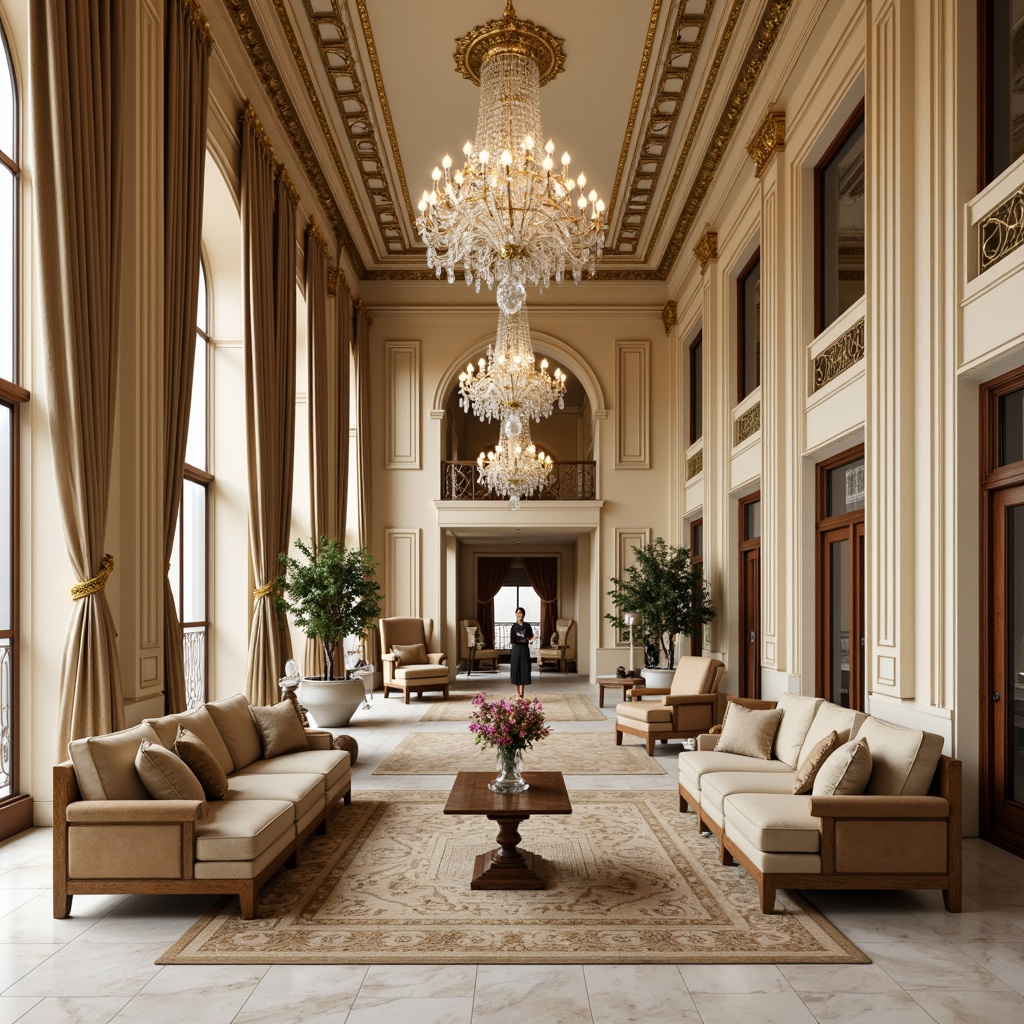 Prompt: Elegant neoclassical interior, cream-colored marble floors, ornate moldings, gilded frames, crystal chandeliers, tufted velvet sofas, intricately carved wooden chairs, polished bronze tables, luxurious silk drapes, stately columns, refined upholstery, subtle patterned rugs, warm beige walls, soft golden lighting, shallow depth of field, 1/2 composition, realistic textures, ambient occlusion.