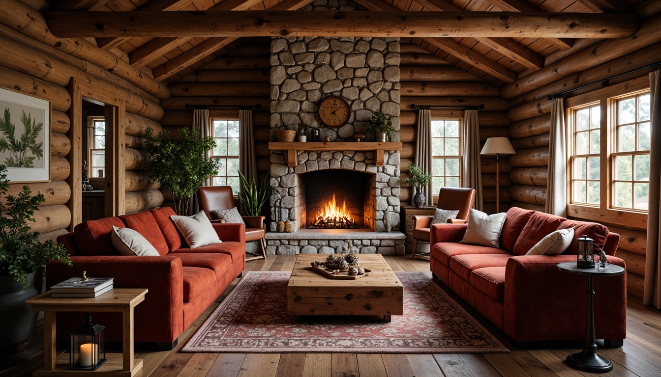 Prompt: Rustic wooden cabin, stone fireplace, plush velvet sofas, antique wooden furniture, distressed leather armchairs, vintage metal lanterns, earthy color palette, natural textiles, woven baskets, pinecone decorations, candlelit ambiance, soft warm lighting, shallow depth of field, 1/1 composition, intimate atmosphere, realistic wood grain textures, ambient occlusion.