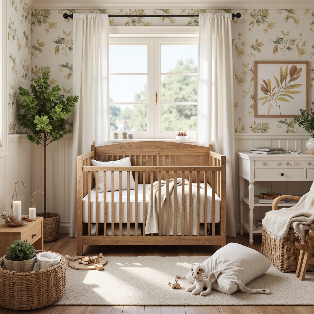 Prompt: Rustic wooden crib, distressed finishes, soft pastel colors, plush toys, woven baskets, vintage-inspired baby blankets, natural linen fabrics, reclaimed wood changing table, earthy tone wallpaper, creamy white furniture, floral patterns, gentle warm lighting, shallow depth of field, 1/1 composition, cozy atmosphere, natural textures, ambient occlusion.