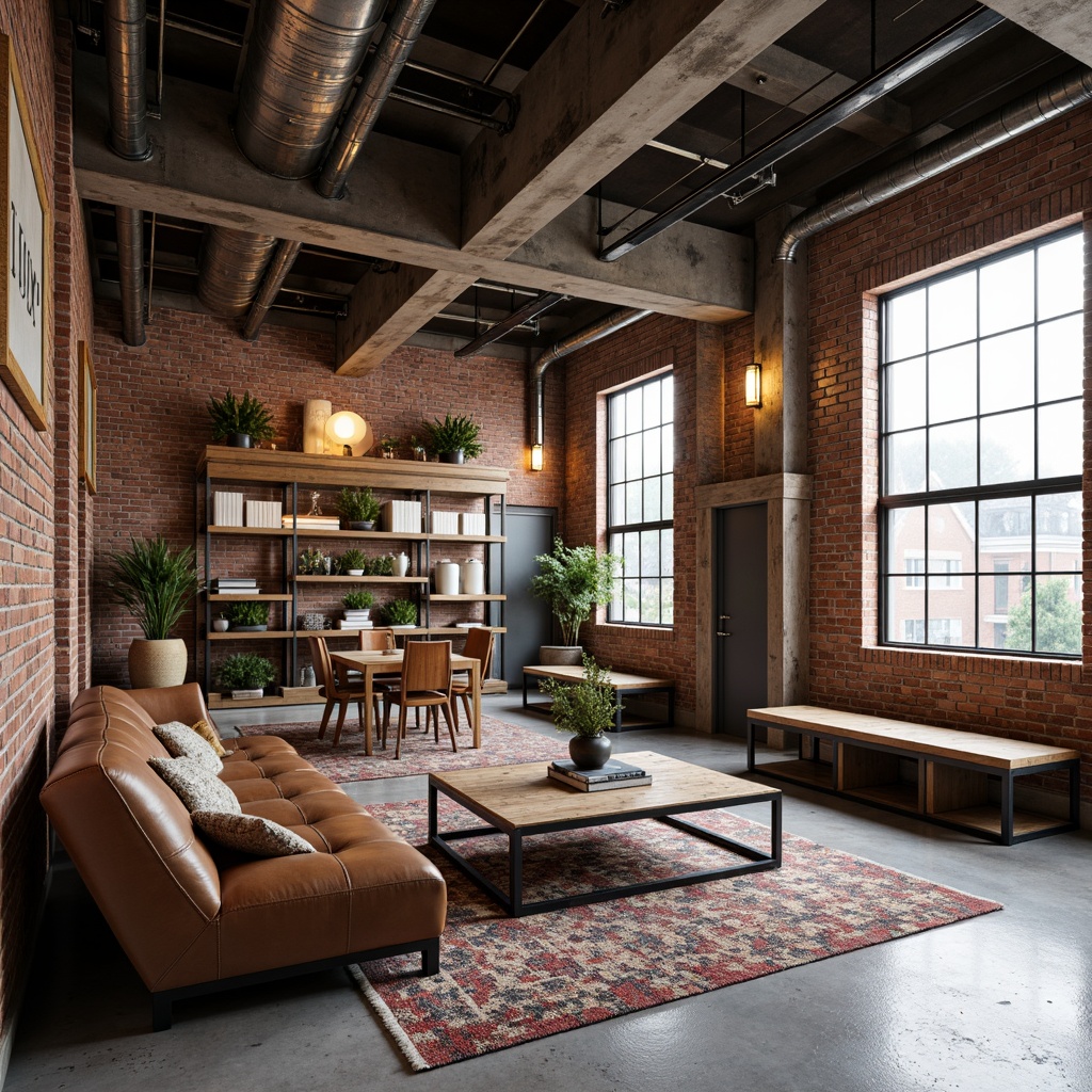 Prompt: Exposed brick walls, metal beams, reclaimed wood accents, industrial-style lighting fixtures, distressed leather sofas, steel coffee tables, vintage factory chairs, Edison bulb pendant lights, concrete floors, urban loft atmosphere, modern minimalist decor, functional storage units, metal frame shelving, raw wood benches, geometric patterned rugs, industrial-chic color palette, natural light pouring in through large windows, shallow depth of field, 1/1 composition, realistic textures, ambient occlusion.