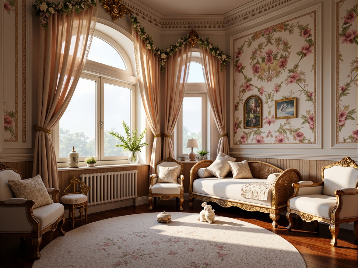 Prompt: Whimsical Victorian-style kids' room, richly patterned wallpaper, ornate wooden wainscoting, soft pastel colors, delicate florals, intricate moldings, textured fabrics, plush velvet drapes, golden accents, vintage-inspired furniture, distressed finishes, warm cozy atmosphere, natural light filtering through lace curtains, 1/2 composition, intimate warm lighting, realistic textures, subtle shadows.